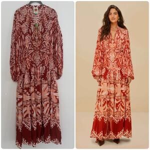 Farm Rio Tropical Tapestry Red Metal Embroidered Tiered Maxi